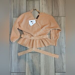 NEW ZESICA Fall Wrap V Neck Ruffle Knitted Sweater Pullover Top, Camel Color